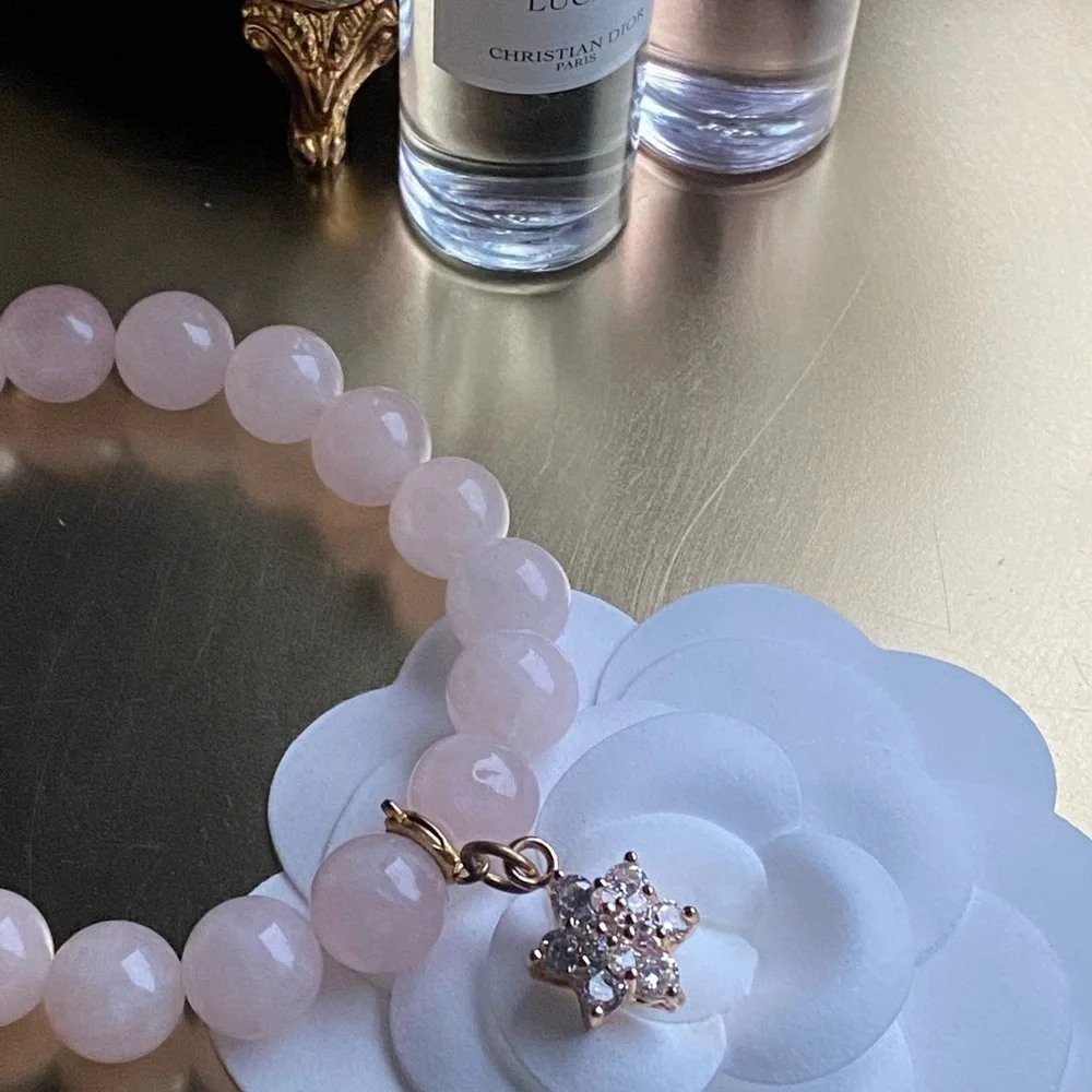 Genuine rose Quartz bracelet with removable flower charm_14